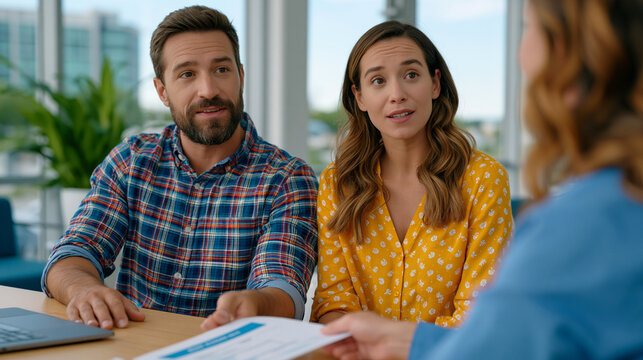 First-time homebuyer couple sitting rigid in mortgage broker office, loan officer sliding rate lock documentation across desk as couple exchanges anxious glance at monthly payment figures during dif