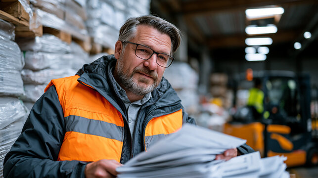 Freight forwarding specialist in a bustling international cargo terminal reviews air waybill documents beside towering stacked pallets, focused expression conveying precision routing expertise amid 