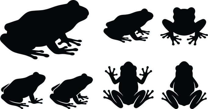 Frog silhouette set with multiple poses and perspectives isolated on background amphibian wildlife vector collection