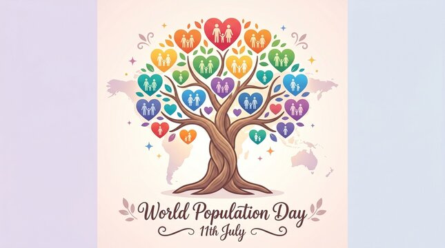 World population day awareness concept with colorful heart tree representing global unity diversity and human connection for banner poster background and social campaign design