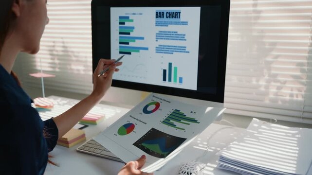 Professional businesswoman analyzing company financial data on a monitor, comparing bar charts and pie graphs from a paper document