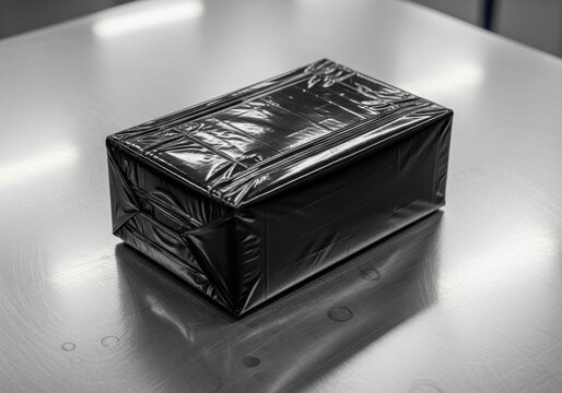 Mysterious Black Plastic Wrapped Box on Industrial Metal Table, Logistics and Contraband Concept