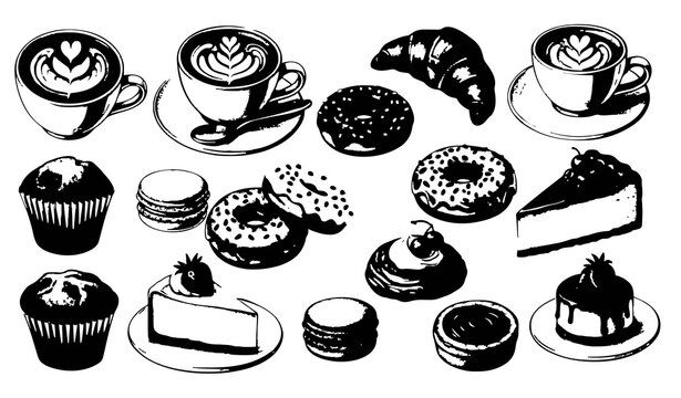 Cafe Watercolor Collection with Coffee Croissants Donuts Muffins and Cakes Vector Illustration