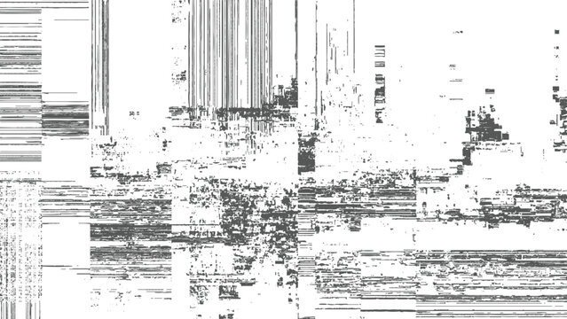 Glitchy digital noise pattern with horizontal and vertical lines on white background