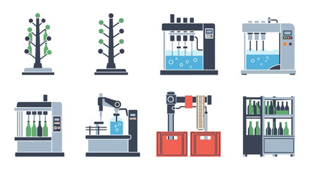 Obraz premium Industrial Bottling Plant Equipment Icons Set: Machines, Racks, Robotic Arms