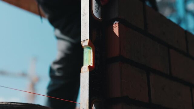 Checking brick wall alignment with spirit level during masonry work