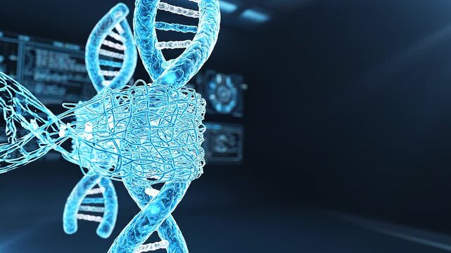 High-tech 3D medical animation of collagen protein triple helix structures assembling and weaving together in a dark blue laboratory environment.