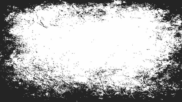Black and white grunge frame background, distressed border texture with splatter scratches and copy space