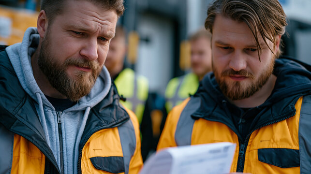 Temperature excursion crisis unfolds as a cold storage quality manager urgently examines a data logger printout near a malfunctioning refrigerated trailer dock, face tense, team members in high-visi