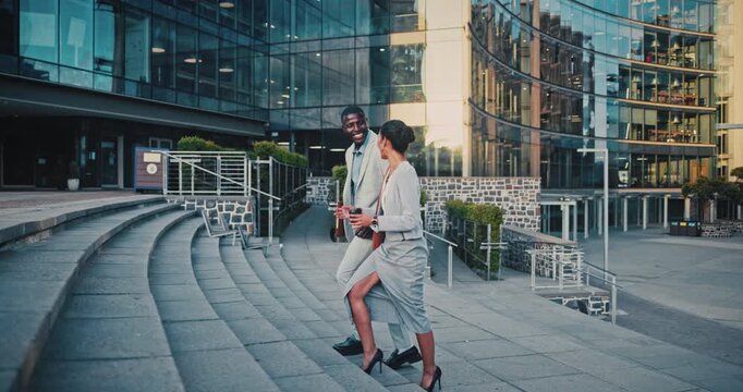 Business, commute or team in city with coffee, partner discussion or bonding in morning journey. Collaboration, people or employees with cup, networking or friendly conversation at start of day.