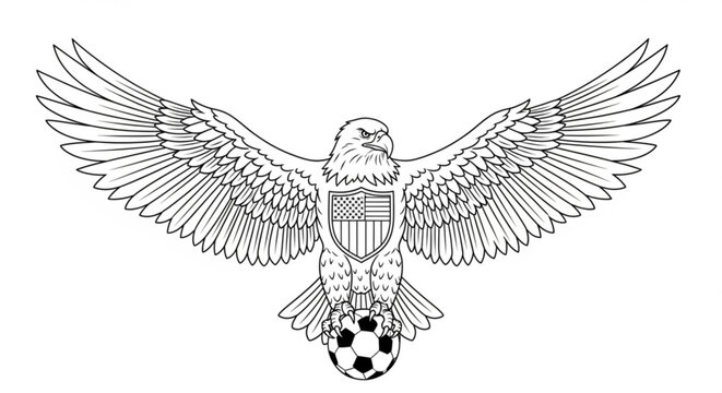 Bald eagle with USA flag shield holding a soccer ball.
