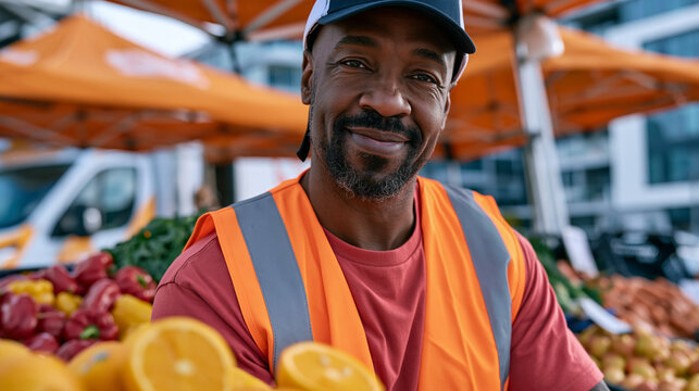 Food waste logistics specialist at a vibrant outdoor market partners with vendors at end of day to redirect unsold produce into a refrigerated rescue vehicle, sorting salvageable goods from spoiled 