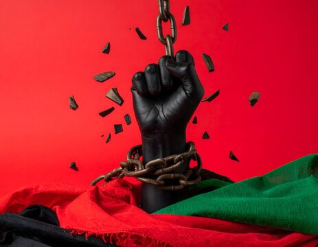 Symbolic image of a broken chain around a raised fist, representing freedom and the end of oppression