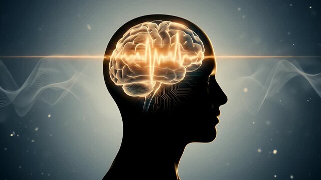 Human head silhouette with glowing pulsing brain and signal waves