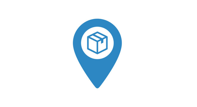 Blue Location Pin with Cube Icon.