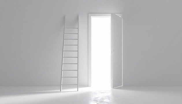 A bright, open doorway bathed in light with a ladder leading towards it