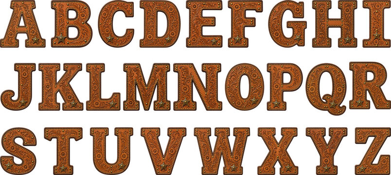 Decorative A to Z alphabet letters in tooled brown leather with western sheriff stars and brass stud details.