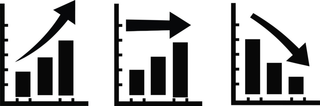 Financial bar chart icon set showing growth, stability, and decline trends