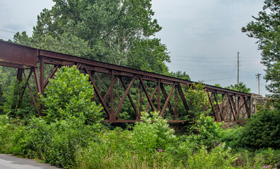 Fototapeta premium A rusty metal bridge is seen above thick greenery and tall plants. The structure connects two sides of a small valley. Clouds cover the sky, and a road runs nearby, leading into the distance.