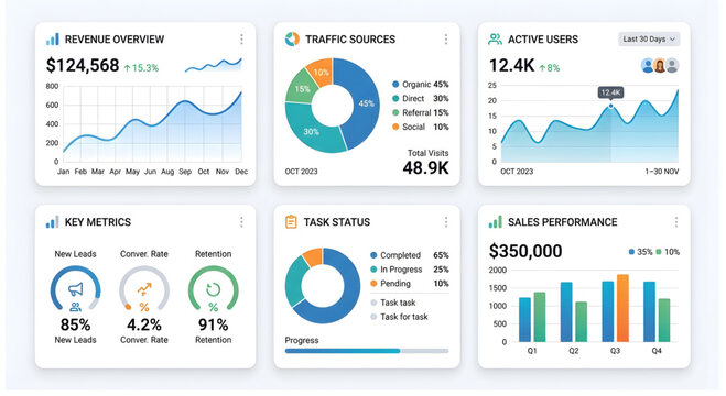 Business dashboard with revenue overview, traffic sources, active users, key metrics, task status, and sales performance charts
