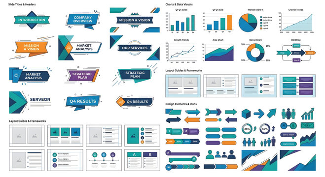 Business presentation design elements and infographics with blue, orange, and purple colors
