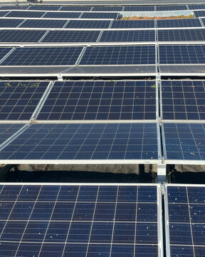Solar panel array on rooftop with multiple photovoltaic modules arranged in rows, showing dust, dirt, and small debris remnants remaining on the panels after vegetation and grass removal work