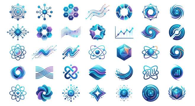 Collection of modern blue and purple abstract business icons and logos
