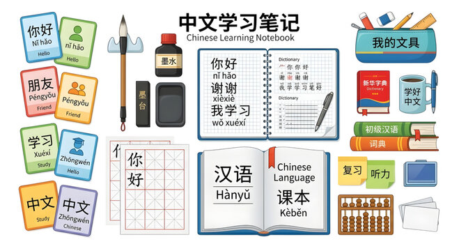 Chinese learning notebook with stationery and educational tools