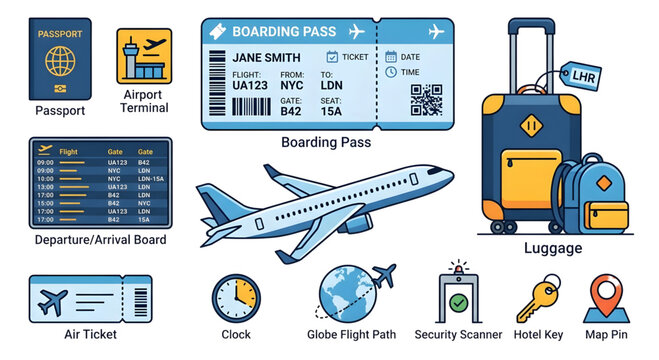 Collection of travel related items for airport and flight