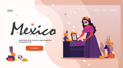 Obraz premium Day of the Dead altar woman marigolds candles sugar skulls traditional dress festive background website template