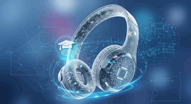 Transparent futuristic headphones with glowing effect.