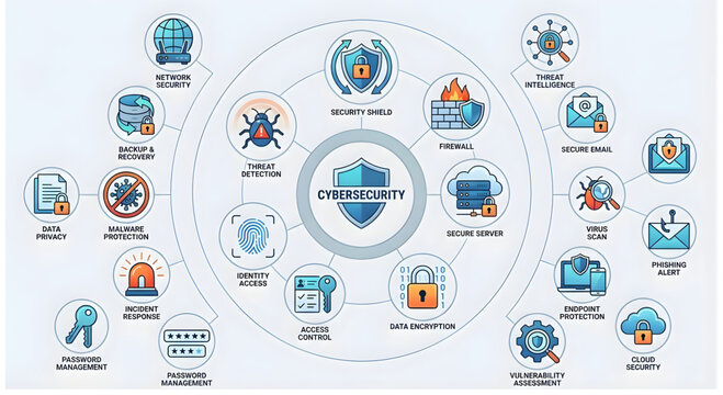 Cybersecurity concepts and protection measures in a circular diagram