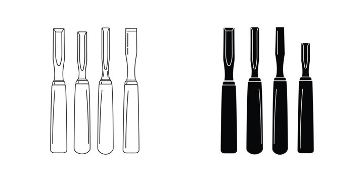 Four chisels with wooden handles in outline and solid silhouette on white background