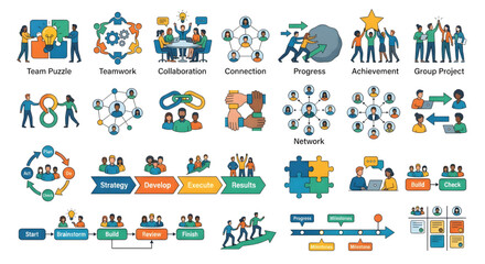 Naklejka premium A colorful infographic illustrating various teamwork and collaboration concepts