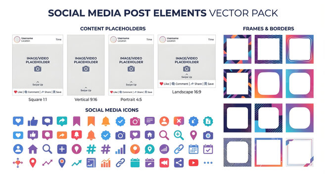 Social media post elements vector pack with frames and icons