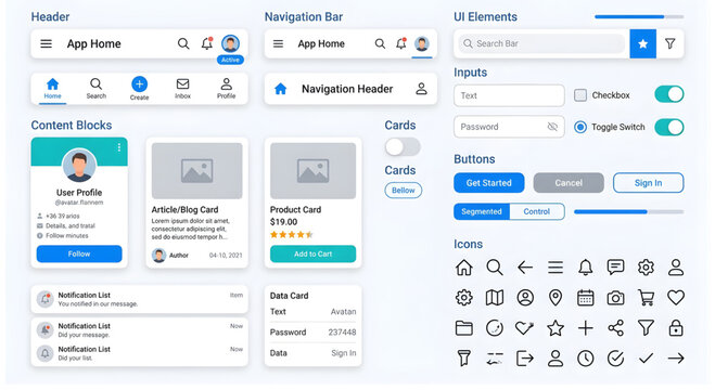 A screenshot of a user interface design for an app with various ui elements and a navigation bar