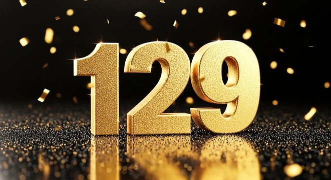 Stylish, reflective golden number 129 on a dark glittery backdrop with festive confetti sparkles.
