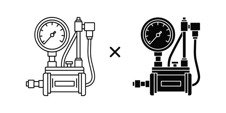 Industrial pressure gauge with dual line illustration and solid icon on white background for technical design