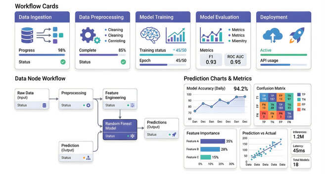 Machine learning workflow diagram with data ingestion, preprocessing, and model evaluation metrics