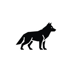 Obraz premium Minimalist black wolf silhouette depicting a standing wild canine on a white background, outdoor adventure branding, wildlife symbols, and nature-themed