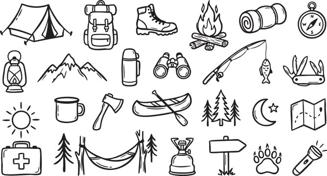 camping doodle set with tent backpack boots fire axe lantern map and stargazing compass
