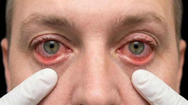 Close up of red bloodshot eyes with irritation and inflammation, doctor pulling down lower eyelids with gloved hands examining conjunctivitis allergy symptoms during ophthalmology medical checkup