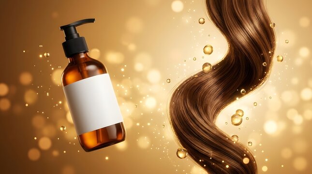 Amber pump bottle with blank white label beside flowing shiny brown hair and golden oil droplets on glowing background, showing haircare product mockup shampoo serum hair treatment and beauty cosmetic