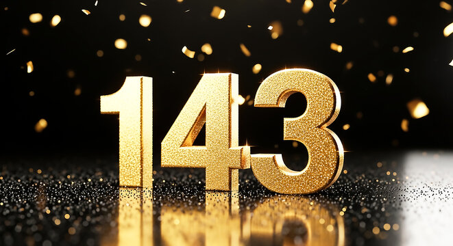 Stylish, reflective golden number 143 displayed prominently with a festive, glittery confetti backdrop for celebration or anniversary themes.