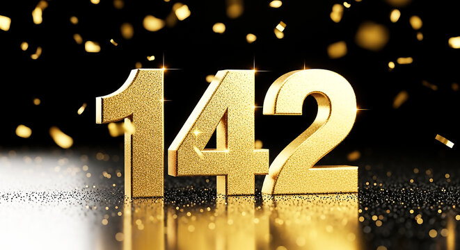 Elegant, shiny golden number 142 prominently displayed against a festive black backdrop with sparkling confetti effects.