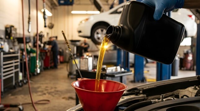 Mechanic pouring fresh golden motor oil from bottle into red funnel during car engine oil change in auto repair garage, showing automotive maintenance lubrication service and vehicle engine care close