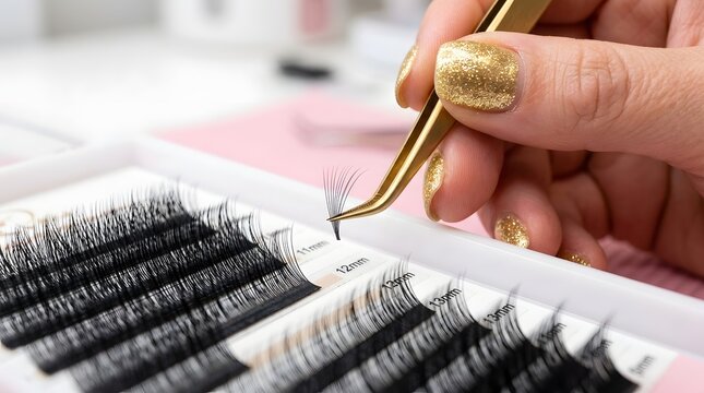 Lash technician with gold tweezers picking eyelash extensions from organized tray in beauty salon, showing professional lash application supplies cosmetic procedure and eyelash extension materials