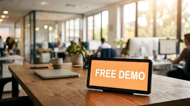 Tablet on wooden desk displaying FREE DEMO text on orange screen in bright modern office, showing software trial product demonstration marketing promotion technology presentation and business sales