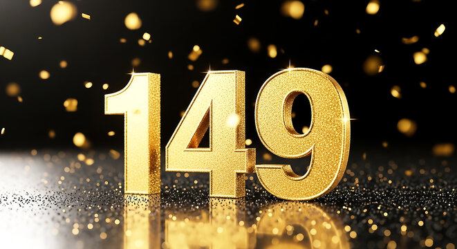 Striking image of large, shiny gold number 149 on a black glittery backdrop with festive sparkles.