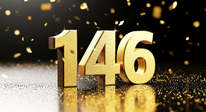 Stylish, reflective golden numbers 146 on a dark, glittery backdrop with confetti sparkles for a festive, celebratory look.